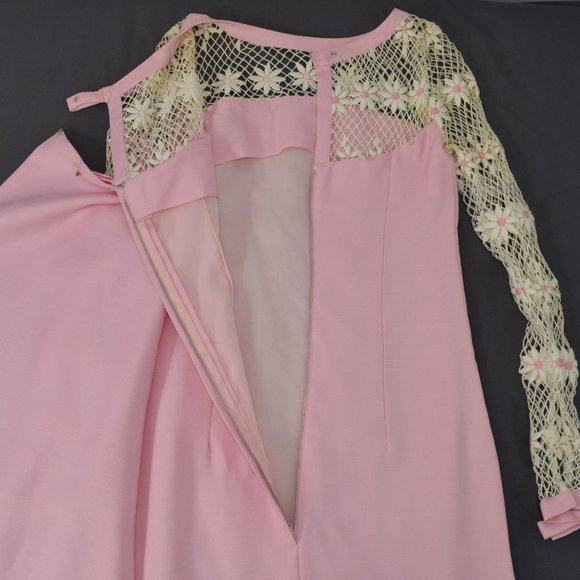 60s Maxi Fish Net Train Evening Gown Prom Dress Barbie Pink Handmade Vintage XS - Picture 11 of 16